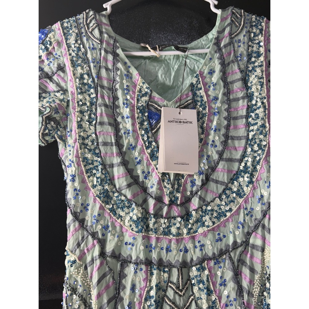 Antik Batik Mint Green Beaded Sequin Mini Dress V-Neck Boho Short Sleeve - Picture 8 of 12